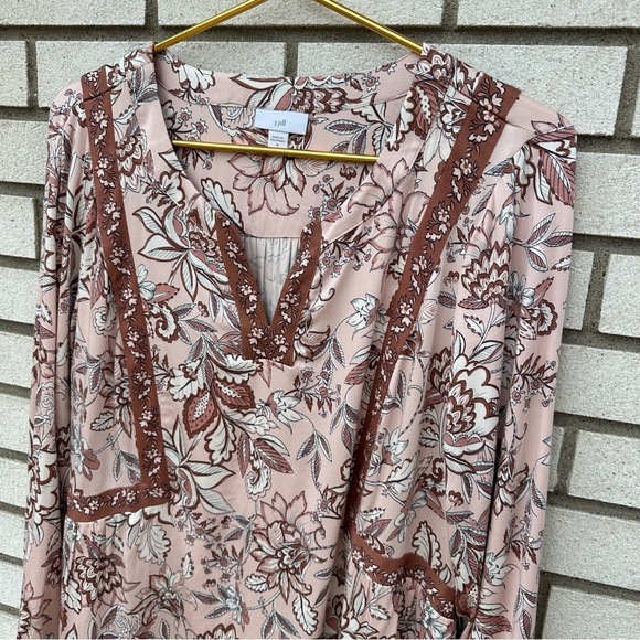 J Jill Floral Long Sleeve V-Neck Bohemian Peasant Contrast Light Pink Blouse Top - Picture 4 of 13